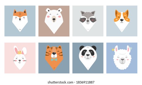 Cute cartoon animal portraits for baby clothes or cards - fox, bear, racoon, corgi dog, girl bunny, tiger, panda bear, llama or alpaca. Simple vector illustration of animals characters. 