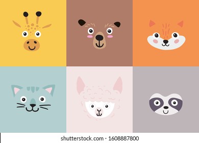 Cute cartoon animal portraits set. Hand drawn faces of Giraffe, bear, Fox, cat, Alpaca, sloth