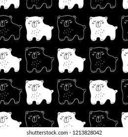 Cute cartoon animal print with hand drawn bears. Sweet vector black and white animal print. Seamless monochrome doodle animal print for textile, wallpapers, wrapping paper, cards and web.