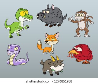 Cute cartoon animal set, creature set, mascot set