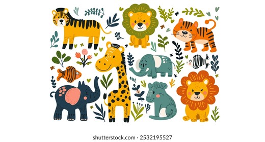 Cute Cartoon Animal Set for Kids' Prints. Fun Cartoon Animals for Children's Products.