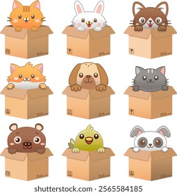 Cute cartoon  animal  set is sitting inside a cardboard box, Cartoon animals come out of the cardboard box with surprise. Vector illustrator