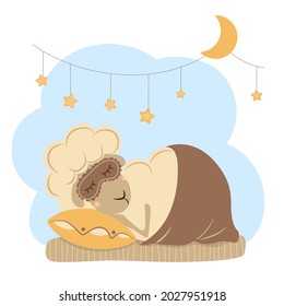 Cute cartoon animal sleeping under the blanket. Funny sheep in a sleeping mask. Sweet dreams under stars and moon. Children vector illustration.
