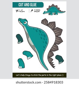 Cute cartoon animal stegosaurus cut and glue worksheet for kids. Fun and educational dinosaur activity.