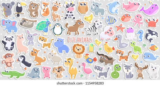 Cute cartoon animal stickers. flat design