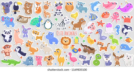 Cute cartoon animal stickers. flat design