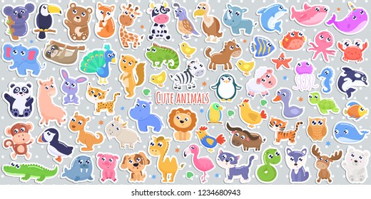 Cute Cartoon Animal Stickers. Flat Design