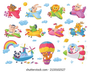 Cute cartoon animal travel on planes. Set of funny pilots operate airplanes flying at sky with cloud and rainbow. Design for little kids. Flat vector isolated illustrations.