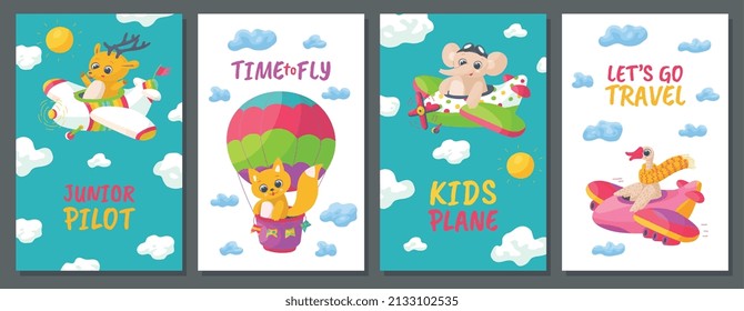 Cute cartoon animal travel on planes. Set of posters with funny pilots operating airplanes flying at sky among clouds. Flat vector illustrations for little kids design.