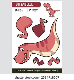 Cute cartoon animal T-rex cut and glue worksheet for kids. Fun and engaging dinosaur learning activity.