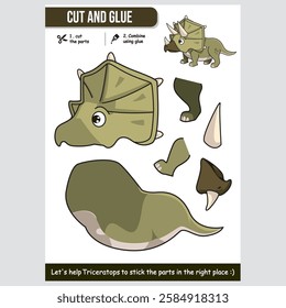 Cute cartoon animal Triceratops cut and glue worksheet for kids. Fun and creative dinosaur activity.