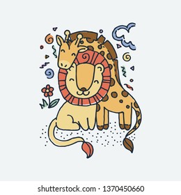 Cute cartoon animal. Vector clip art illustration for children design, cards, prints, coloring books. Grungy kawaii image