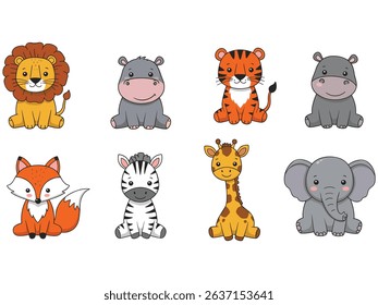 Cute cartoon animal vector icon set with cat, dog, lion, elephant, bear, tiger, cow, mouse, rabbit, giraffe, and funny baby zoo characters illustration