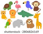Cute Cartoon Animal Vector Set Collection with Funny Dog Cat Horse Elephant Cow Pig Bear Lion Sheep Bird Farm and Wild Zoo Characters Illustration