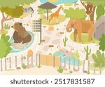 Cute cartoon Animal Zoo. Wild tropical park vector illustration with Elephant, Giraffe, Bear, Zebra, Monkey and Flamingo.