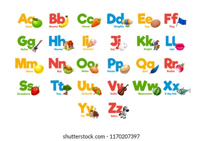 Cute cartoon animals alphabet for children education. Vector illustrations with descriptions. All elements are isolated. Letters and words. Flora, fauna, animals. Learn to read. 