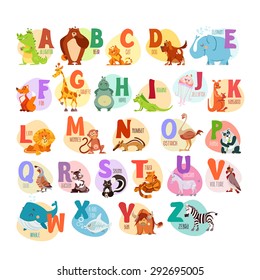 Cute cartoon animals alphabet for children education. Vector illustrations