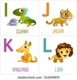 Cute cartoon animals alphabet for kids. Funny letters cartoon: Iguana, Jaguar, Kangaroo, Lion