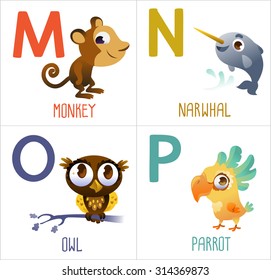 Cute cartoon animals alphabet for kids. Funny letters cartoon: Monkey, Narwhal, Owl, Parrot