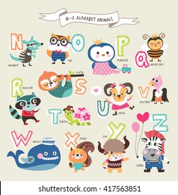 Cute cartoon animals alphabet from N to Z