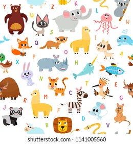 Cute cartoon animals alphabet pattern for children education isolated on white. Vector seamless used for kids magazine, children book, textile.