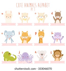 cute cartoon animals alphabet. set of twelve animals. letters from a to l. illustration of cute cartoon alpaca, bear, cat, deer, elephant, fox, giraffe, hippo, iguana, jellyfish, koala and lion