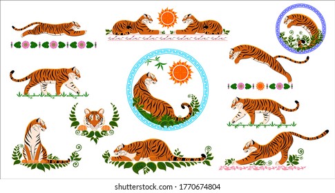 Cute cartoon animals. Asian ornament. Set of greeting cards, banners and design. Tiger. Vector illustration