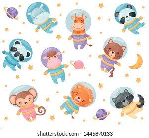Cute cartoon animals astronauts. Vector illustration on white background.