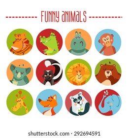 Cute cartoon animals avatars. Vector illustration