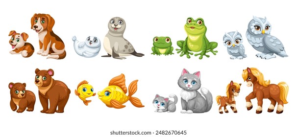 Cute cartoon animals with babies. Vector set of mom and baby on a white background. Bright and detailed animals.