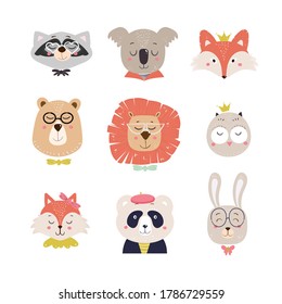 Cute cartoon animals for baby cards and baby shower invitations (panda, fox, owl, koala, lion, bunny, raccoon, bear). Vector illustration