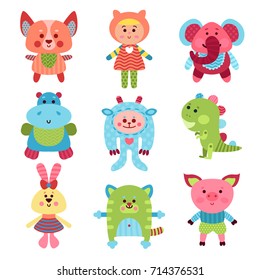 Cute cartoon animals and baby toys set of colorful vector Illustrations