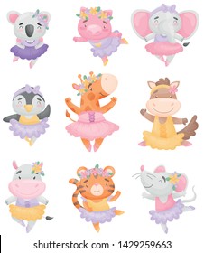 Cute cartoon animals in ballerina dresses. Vector illustration on white background.