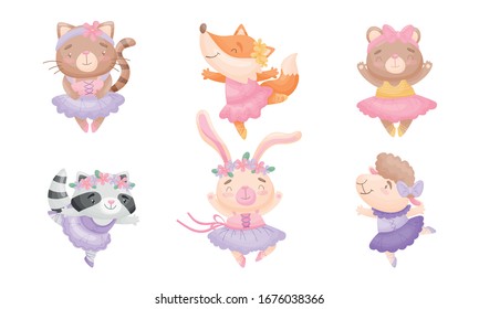 Cute Cartoon Animals In Ballet Skirt Dancing Vector Set