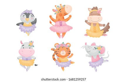 Cute Cartoon Animals in Ballet Skirt Dancing Vector Set