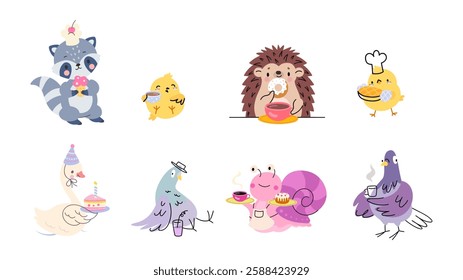 Cute cartoon animals and birds with sweet food and drinks. Yellow chicken, hedgehog, raccoon, snail pigeon holding plates and cups, vector characters