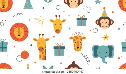Cute cartoon animals birthday party celebration decorative patterns for kids children