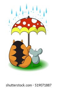 Cute cartoon animals - a cat and a mouse under an umbrella. Friends cat and mouse. Cute cartoon illustration of a cat and mouse