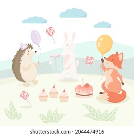 cute cartoon animals celebrate their birthday in a meadow vector image