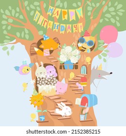 Cute Cartoon Animals celebrating Birthday on Big Tree. Vector Illustration