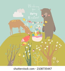 Cute Cartoon Animals celebrating Easter in the Spring Forest