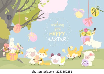 Cute Cartoon Animals celebrating Easter in Spring Forest