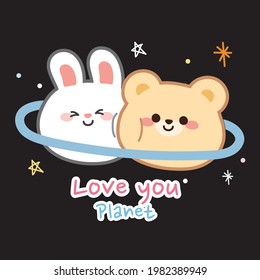 Cute cartoon animals character design.Rabbit and bear planet on space background.Image for kid product,shirt screen printing,wallpaper,card,banner,logo,icon,sticker.Kawaii.Vector.Illustration.