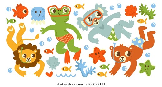 Cute cartoon animals characters swimming underwater and enjoying deep diving with equipment. Lion, frog, koala and bear mascot having fun during aquatic adventure summer vacation vector illustration