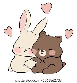 cute cartoon animals in chibi style. Bunny and baby bear hugs, love and tender, cuddling couple line art. Anime little creatures, fluffy baby animals 