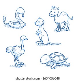 Cute cartoon animals for children as  camel, snake, ostrich, turtle and meerkat. Hand drawn doodle vector illustration.