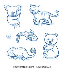 Cute cartoon animals for children as  coala bear, tiger, panda bear, fish, and chameleon. Hand drawn doodle vector illustration.