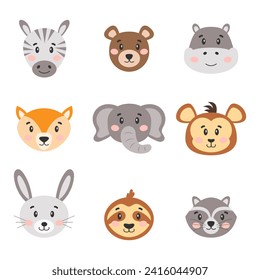 Cute cartoon animals for children. Zebra, bear, hippopotamus, fox, elephant, monkey, hare, sloth, raccoon. Vector illustration.