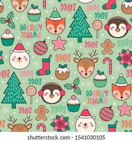 Cute cartoon animals and christmas elements seamless pattern background.