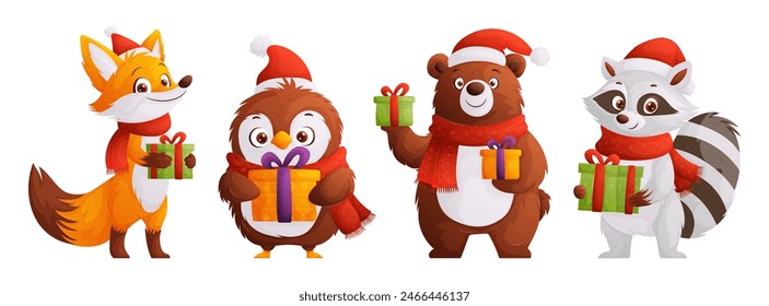 Animales de dibujos animados lindos con regalos de Navidad - zorro, pingüino, oso y mapache en sombreros de vacaciones y bufandas.